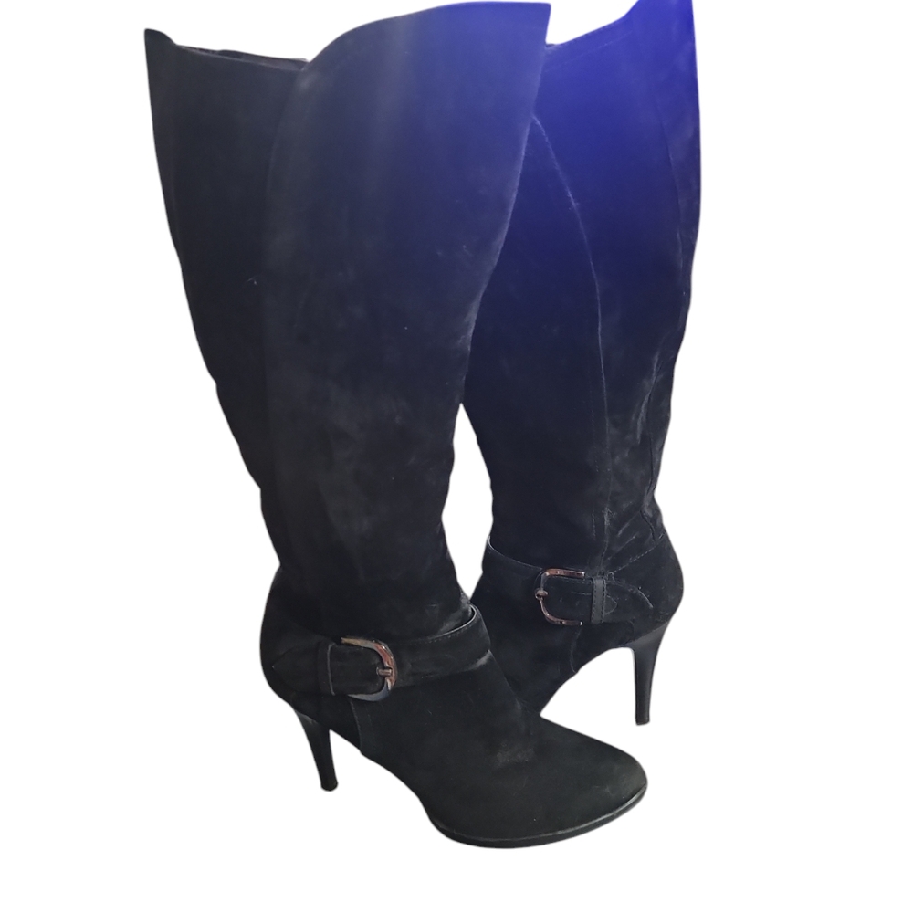Calf boots with heels,zip sides, buckle decor 81/2 Medium velour - Picture 1 of 12